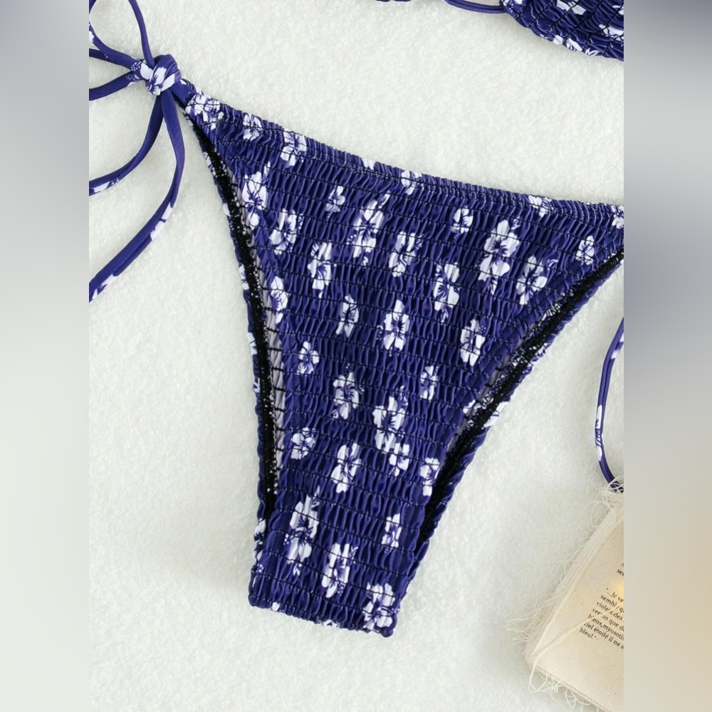 Navy Blue Floral Smocked Tie Side Bikini Swimsuit Set - Picture 4 of 5